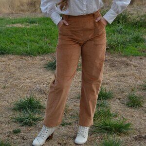 Women's Brown Corduroy High-waisted Pants, Handmade, M